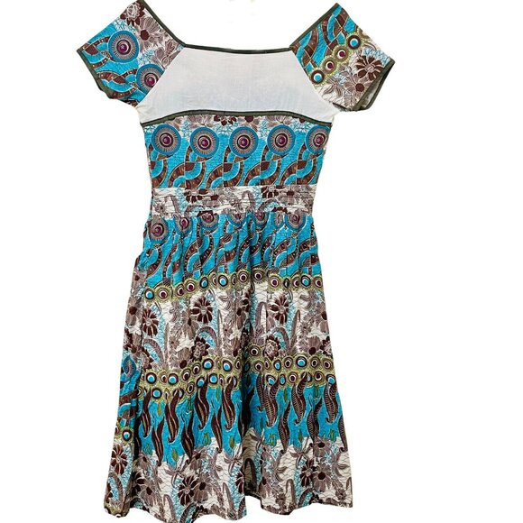 Vintage White, Black, Turquoise + Gold Sparkle Boho Dress Cottagecore Whimsy - Picture 4 of 12